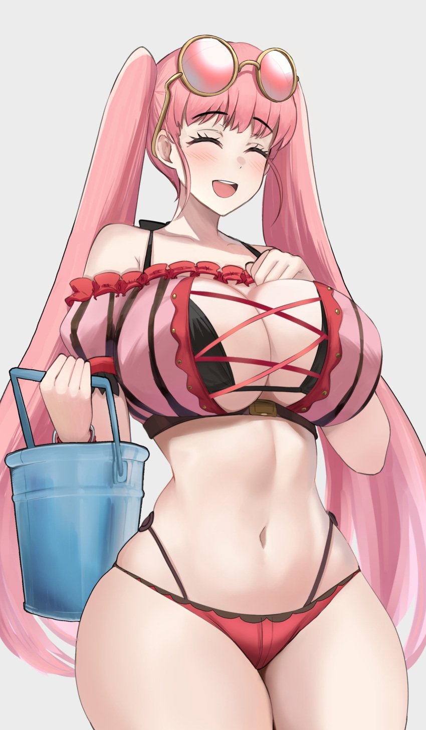 1girl 1girl 1girl absurd_res alluring alternate_costume big_breasts bikini blush cleavage commentary desspie english_commentary eyewear_on_head female_only fire_emblem fire_emblem:_three_houses fire_emblem_heroes high_res hilda_valentine_goneril hilda_valentine_goneril_(summer) hips light-skinned_female light_skin long_hair nintendo official_alternate_costume open_mouth pink_bikini pink_hair pink_swimsuit smile sunglasses swimsuit thick_thighs thighs twin_tails wide_hips