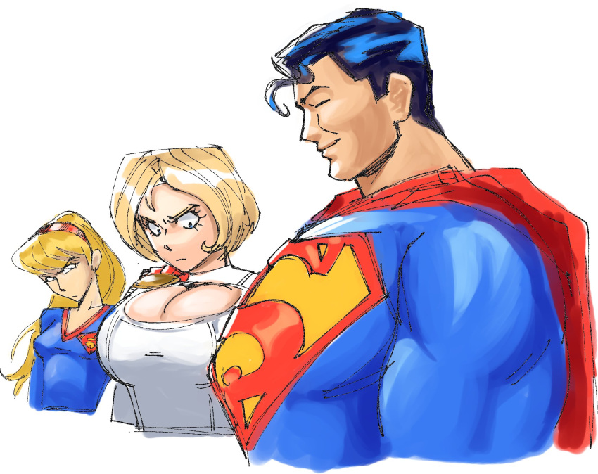 1boy 2_girls absurd_res big_breasts breast_envy breasts cape cleavage_cutout dc_comics girl_staring_at_guy's_chest_(meme) headband high_res huge_breasts long_hair multiple_girls power_girl ratf short_hair supergirl superman