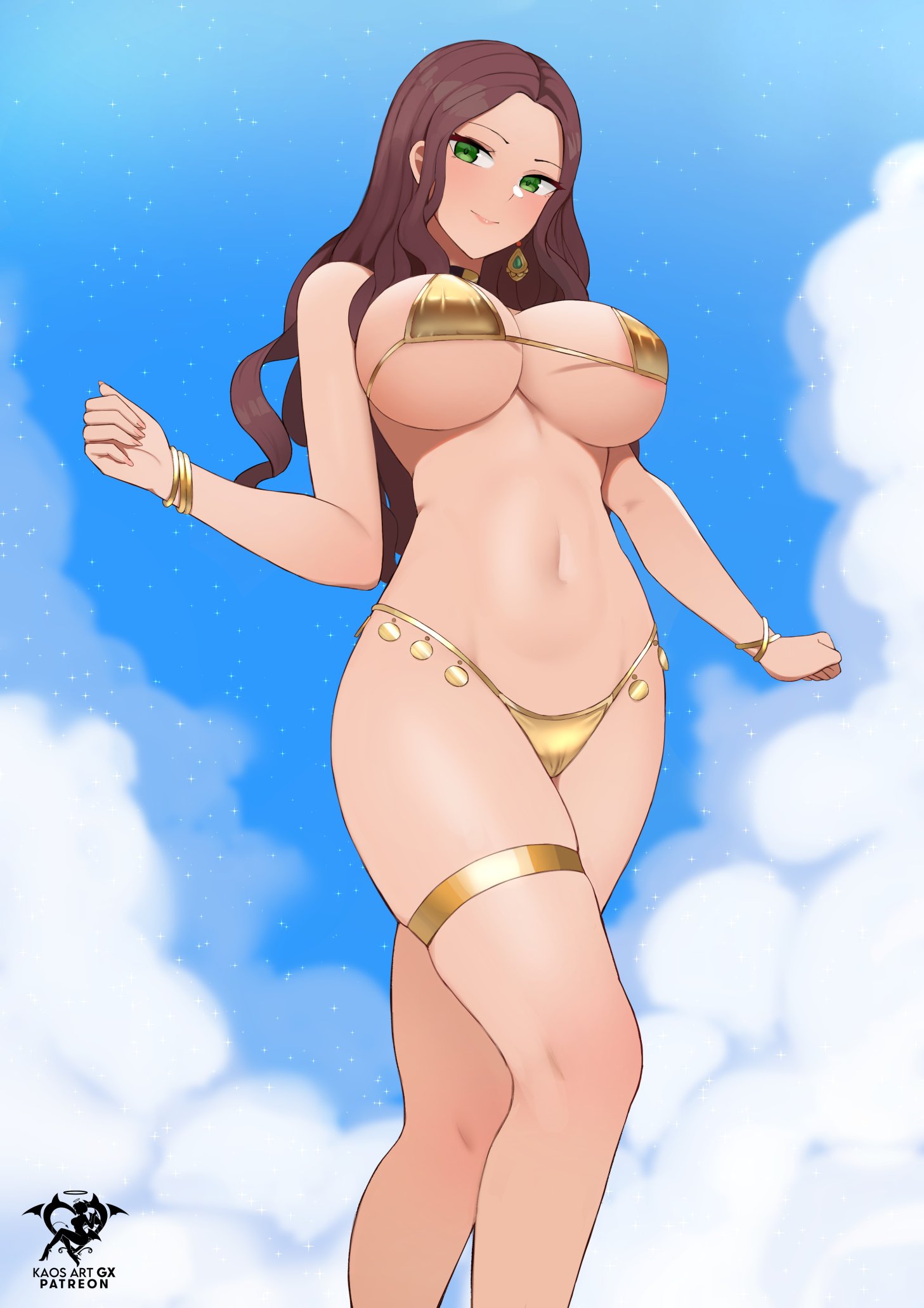 1girl 1girl alluring alternate_costume artist_logo big_breasts bikini blue_sky brown_hair choker clenched_hands closed_mouth cloud commentary day dorothea_arnault earrings fire_emblem fire_emblem:_three_houses gold_bikini gold_bracelet gold_thighlet green_eyes high_res jewelry kaos_art long_hair looking_at_viewer multiple_bracelets navel nintendo outside skindentation sky smile stomach swimsuit thighlet thighs under_boob