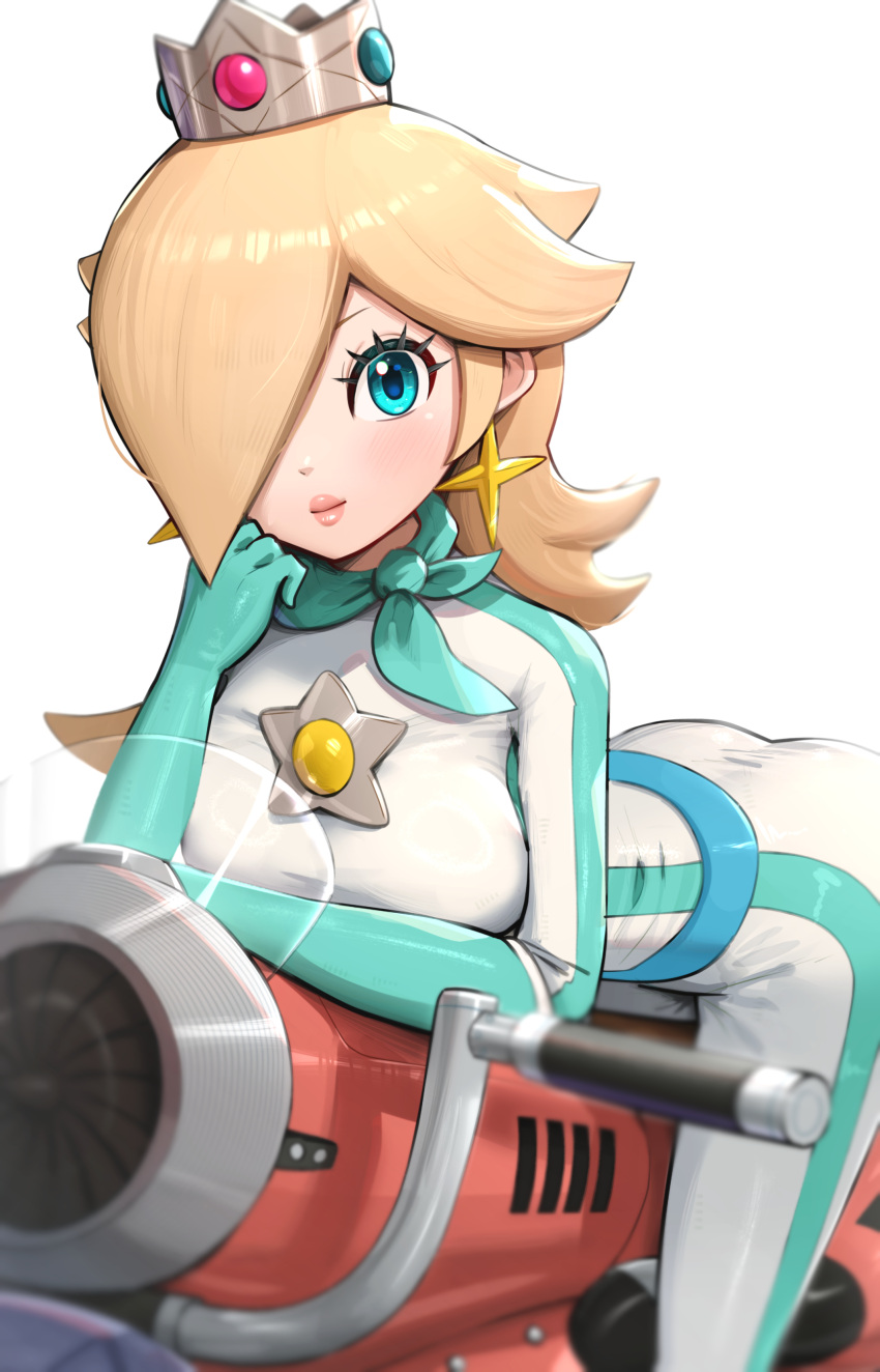 1girl alluring biker_rosalina blonde_hair blue_eyes bodysuit gonzarez mario_(series) mario_kart_8 mario_kart_wii motor_vehicle motorcycle nintendo princess_rosalina rosalina super_mario_bros. super_mario_galaxy