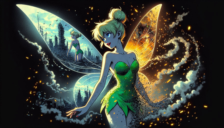 ai_generated blonde blonde_female blonde_hair blue_eyes cleavage fairy fairy_wings green_dress green_miniskirt lipstick miniskirt red_lipstick tied_hair tight_clothing tight_dress tinker_bell wings