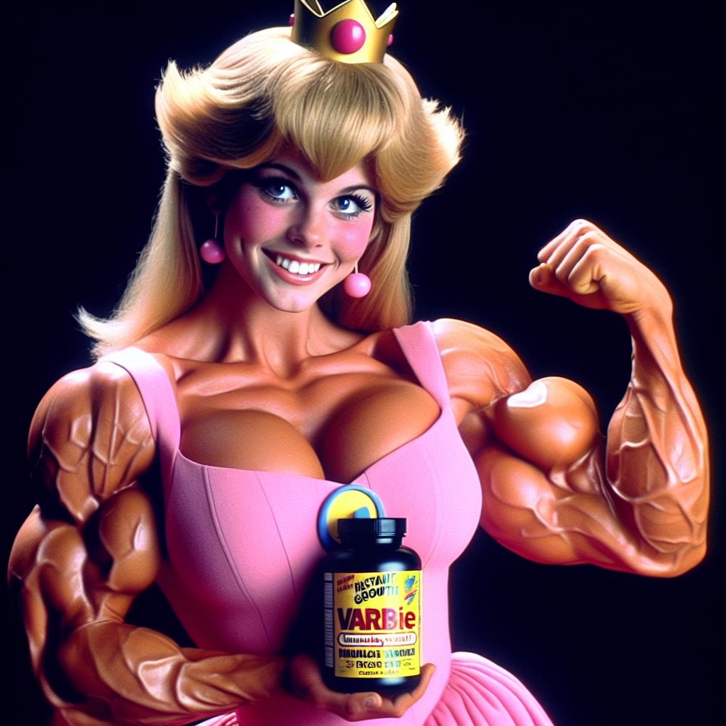 ai_generated big_breasts blonde blonde_female blonde_hair crown earrings makeup muscle muscular_female nintendo pink_dress princess_peach