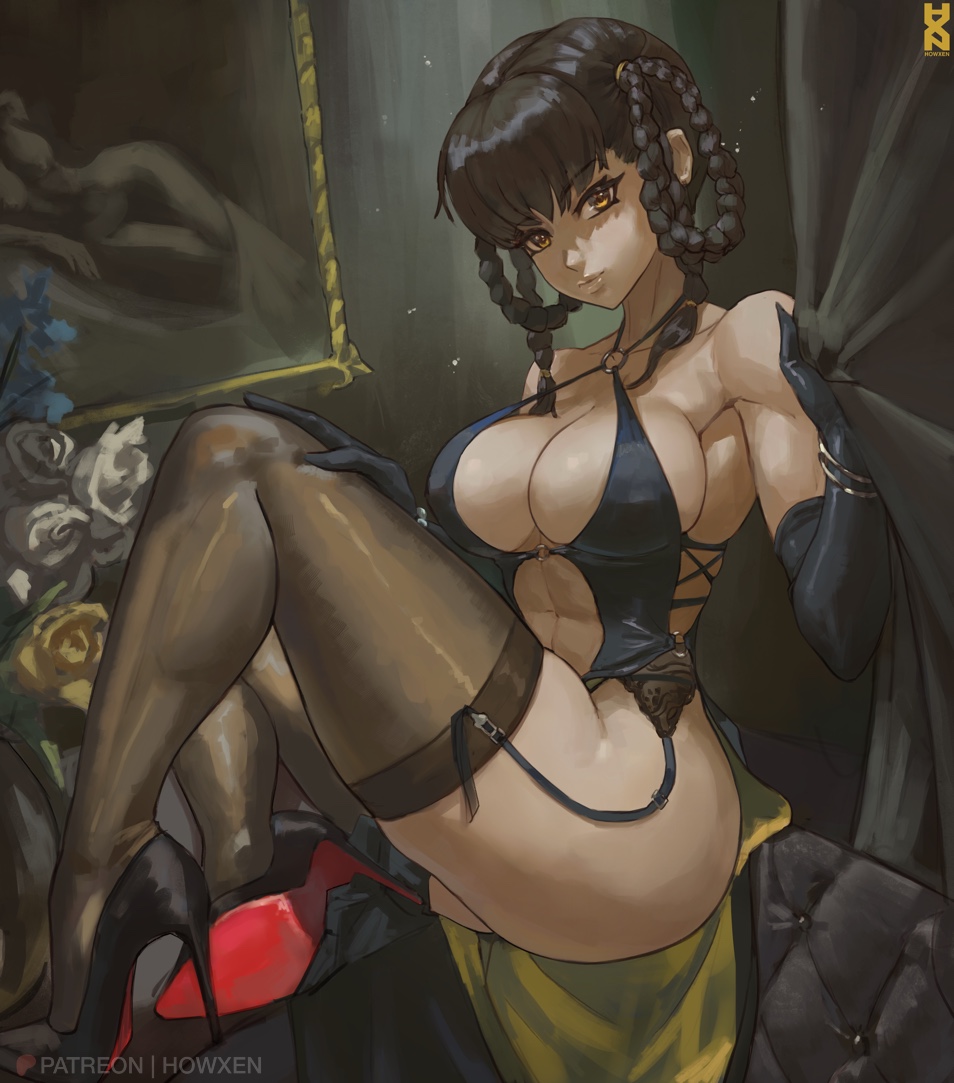 1girl abs alluring athletic_female bare_shoulders big_breasts black_dress black_footwear black_gloves black_hair black_thighhighs brown_eyes cleavage closed_mouth clothing_cutout curtains dead_or_alive dead_or_alive_2 dead_or_alive_3 dead_or_alive_4 dead_or_alive_5 dead_or_alive_6 dead_or_alive_xtreme dead_or_alive_xtreme_2 dead_or_alive_xtreme_3 dead_or_alive_xtreme_3_fortune dead_or_alive_xtreme_beach_volleyball dead_or_alive_xtreme_venus_vacation dress elbow_gloves female_abs fit_female flower garter_straps gloves halter_dress halterneck high_heels howxen indoors lei_fang looking_at_viewer navel nose o-ring_dress painting_(object) revealing_clothes sideboob sideless_outfit sitting sleeveless sleeveless_dress stockings stomach_cutout strap_gap tecmo thick_thighs thighs