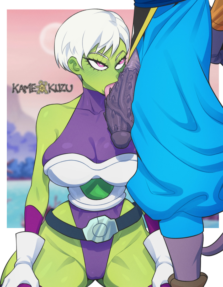 beerus big_breasts big_penis cheating cheating_(relationship) cheelai dragon_ball dragon_ball_super dragon_ball_super_broly green_skin huge_breasts huge_cock huge_penis interspecies kamekuzu kameseru licking_penis looking_at_partner netorare on_knees purple_skin short_hair veiny_penis