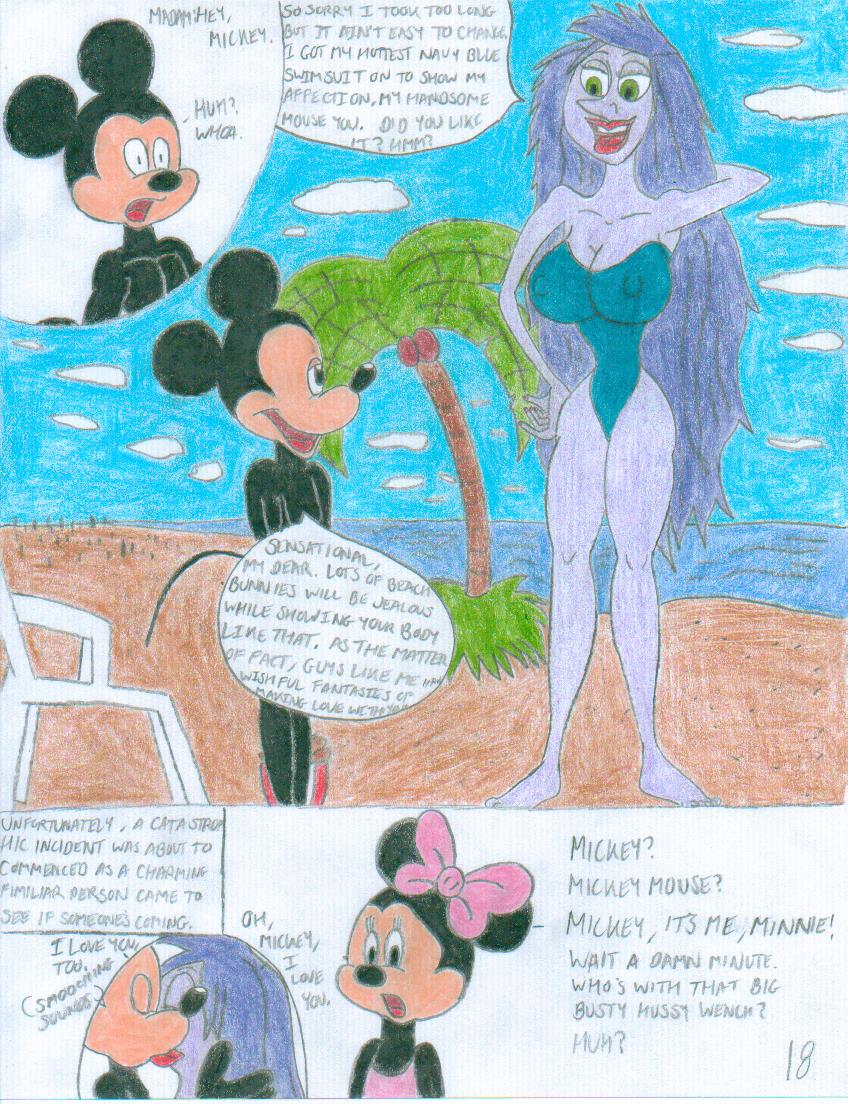 1boy 2_girls beach comic crossover disney disney_channel green_eyes lipstick madam_mim mickey_mouse minnie_mouse mouse purple_hair shrekrulez the_sword_in_the_stone witch