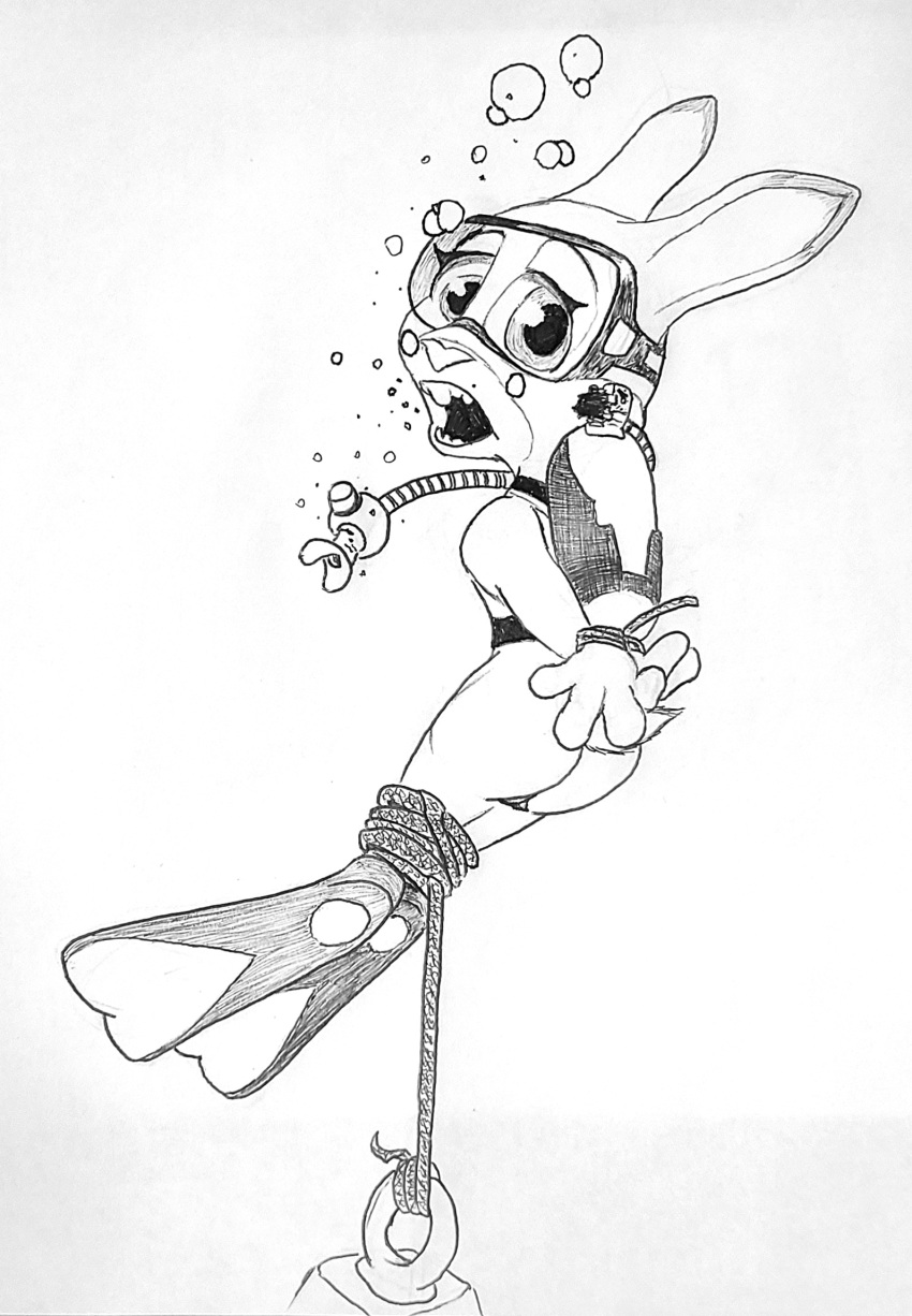 1girl alternate_version_available anthro ass bondage bubbles disney drowning dtcg female fins flippers furry goggles judy_hopps monochrome nude ocean peril pussy rabbit regulator rope rope_bondage scuba scuba_gear sea sketch solo swimming_fins swimming_goggles tagme tied_hands tied_legs tied_up traditional_media_(artwork) trapped underwater water zootopia