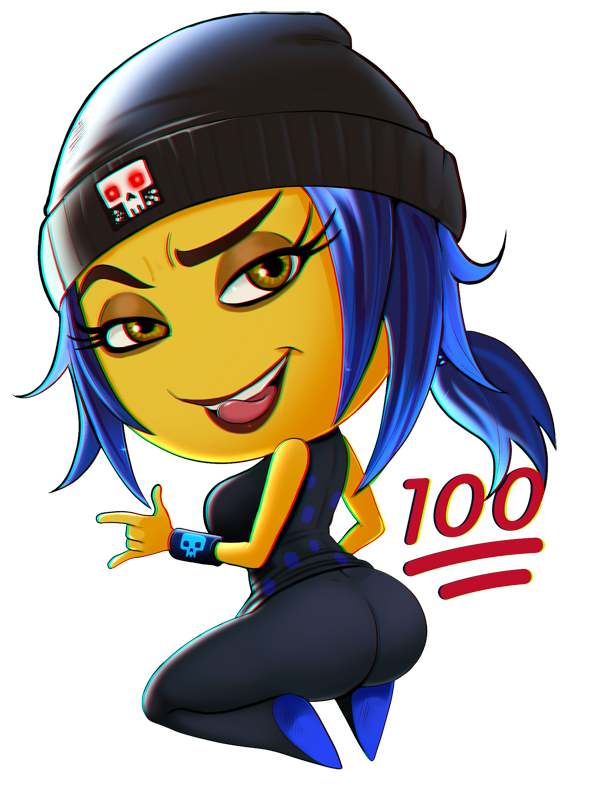 1girl 1girl 2d ;p ass bare_shoulders beanie black_legwear blue_hair brown_eyes color covered_breasts emoji emoji_(race) female_only grin hat jailbreak kneel legwear looking_back no_nose open_mouth ponytail shadman short_hair skull smile teeth the_emoji_movie tied_hair tight tongue tongue_out yellow-skinned_female yellow_skin