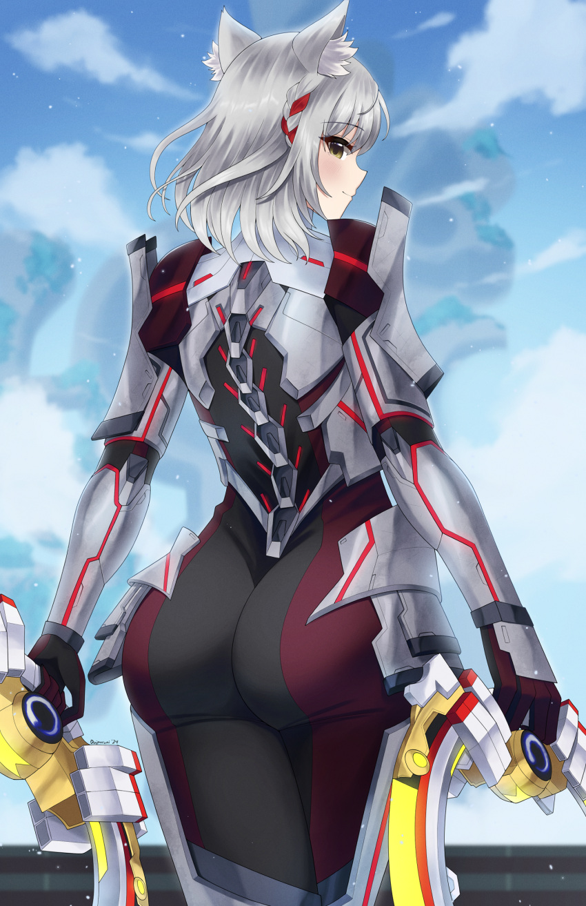 1girl 1girl alluring animal_ears armor ass ass_focus blush bodysuit brown_eyes cat_ears chakram doiparuni dual_wielding from_behind gloves high_res holding huge_ass looking_at_viewer looking_back m_(xenoblade) mio_(xenoblade) short_hair skin_tight smile weapon white_hair xenoblade_(series) xenoblade_chronicles_3