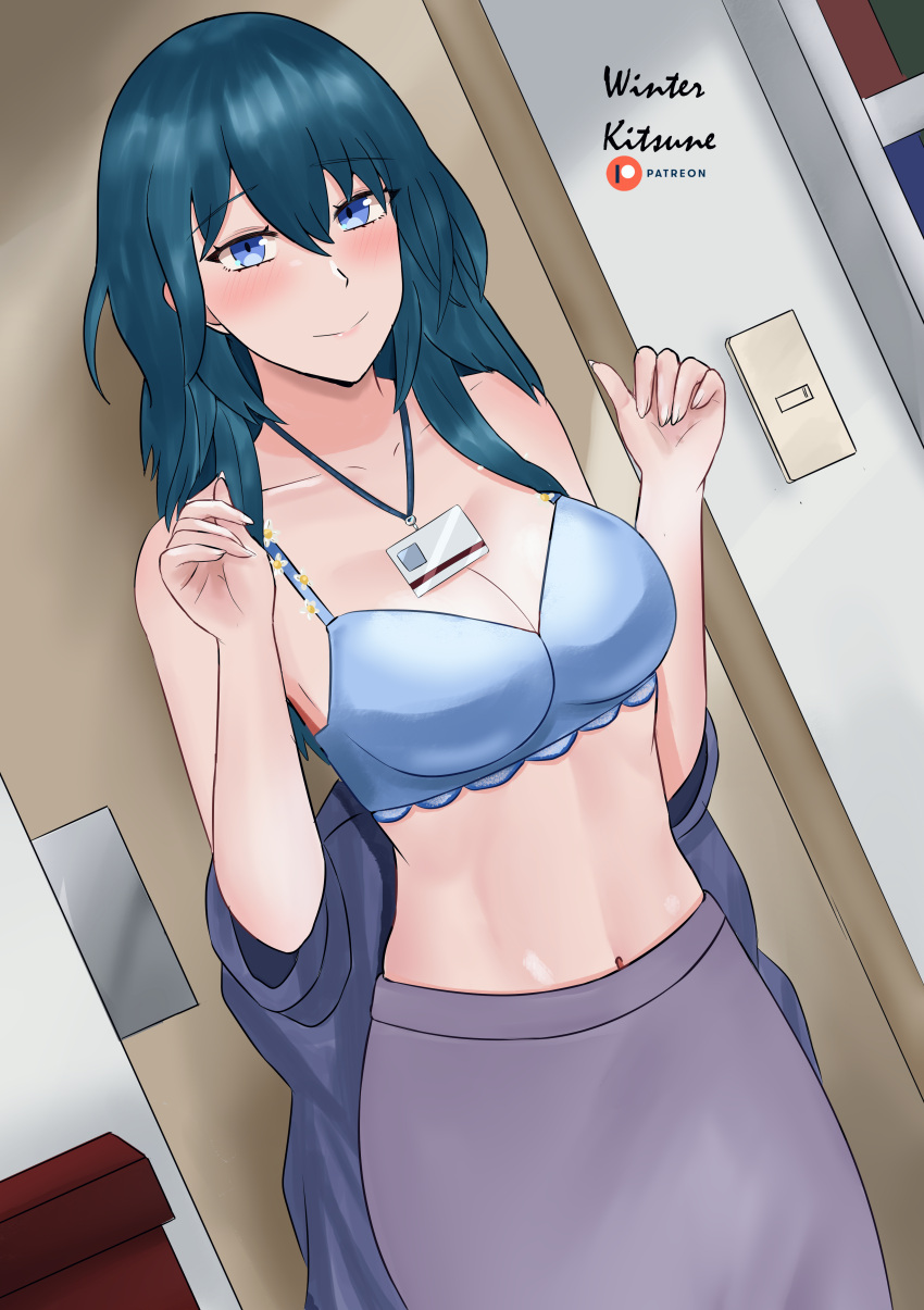 1girl 1girl 1girl alluring bare_arms bare_midriff bare_shoulders big_breasts blue_eyes bra byleth_(fire_emblem) byleth_(fire_emblem)_(female) cleavage collarbone female_only fire_emblem fire_emblem:_three_houses id_card indoors looking_at_viewer medium_hair midriff navel office office_lady shoulders skirt smile teal_hair winter_kitsune_(wkitsune)