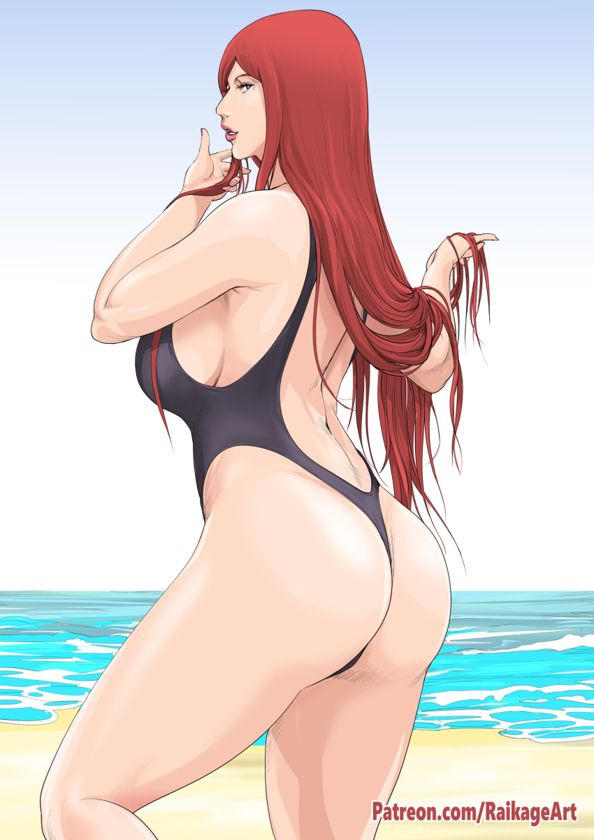 1girl 1girl alluring ass beach big_breasts bikini high_res kushina_uzumaki long_hair looking_at_viewer looking_back naruto_(series) ocean one-piece_bikini playing_with_own_hair raikageart red_hair smile uzumaki_kushina