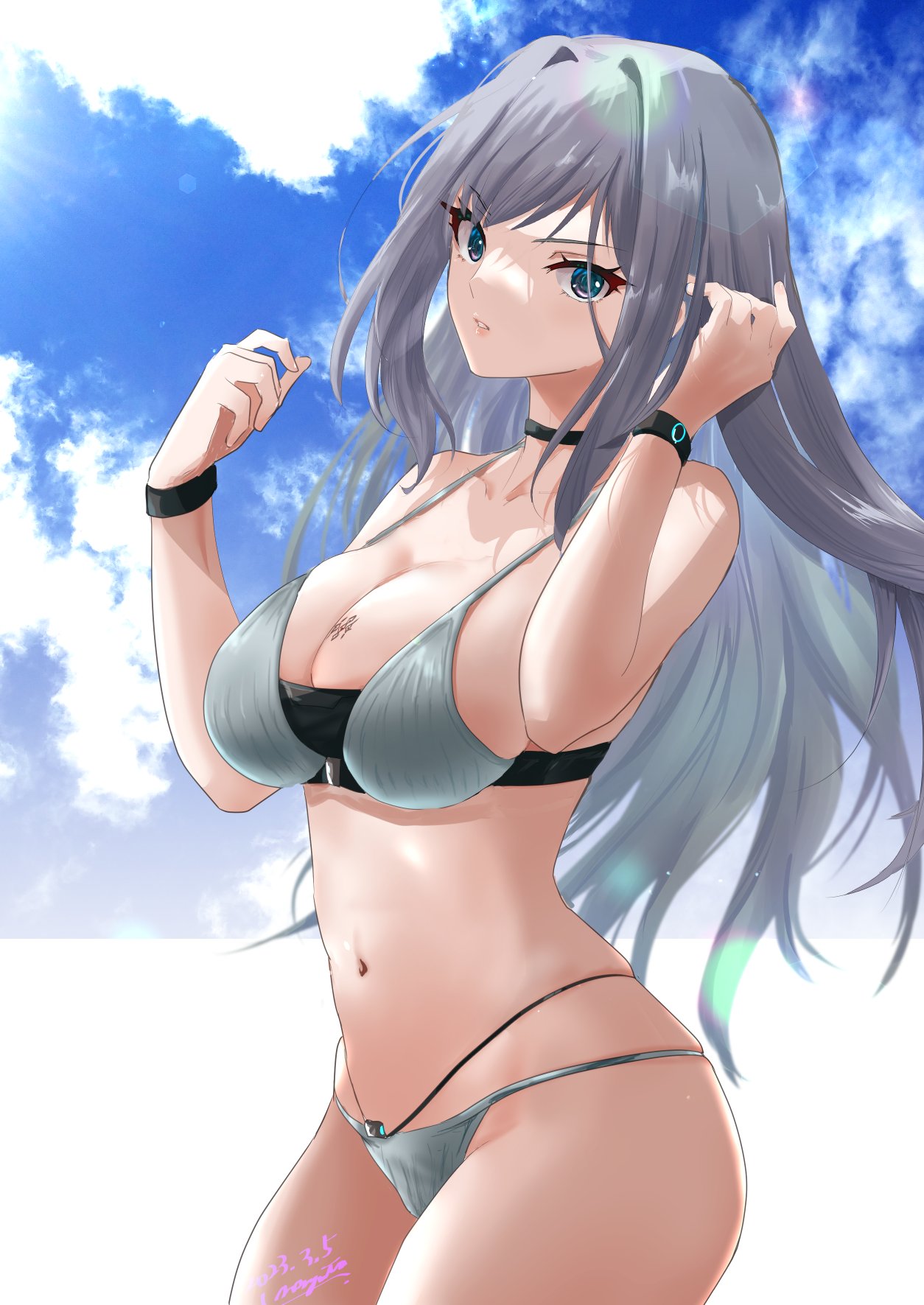 1girl 1girl big_breasts bikini black_choker black_wristband blue_eyes blue_sky breast_tattoo choker cleavage dated ethel_(xenoblade) grey_bikini grey_hair hair_intakes high_res long_hair looking_at_viewer navel nayuta-kanata parted_lips signature sky swimsuit tattoo very_long_hair xenoblade_(series) xenoblade_chronicles_3