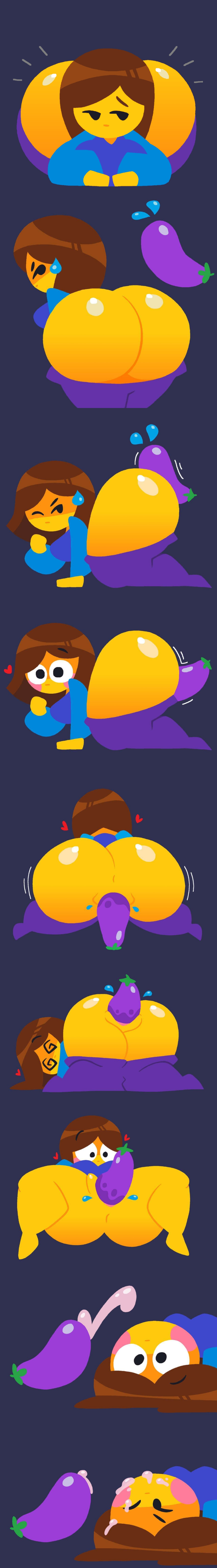 1girl @_@ all_fours ass ass_bigger_than_torso big_ass big_breasts blue_shirt blue_sleeves blush blush_stickers bouncing_ass bouncing_breasts breasts brown_hair brown_hair_emoji bubble_butt clothing collage comic comic_strip cum cum_on_face cumshot eggplant eggplant_emoji emoji emoji_(race) emojisexual enjoying enjoyment female_penetrated food food_insertion from_side full_body happy_sex heart hearts_around_head huge_ass jjoyplus lineless_art looking_at_viewer looking_to_the_side loop medium_breasts moaning no_nose no_outlines pants_pull pants_pulled_down purple_pants pussy pussy_juice riding rubbing shiny_body shiny_skin shocked shocked_expression side_view simple_background spiral_eyes teasing vaginal vaginal_insertion vaginal_penetration yellow_body yellow_skin