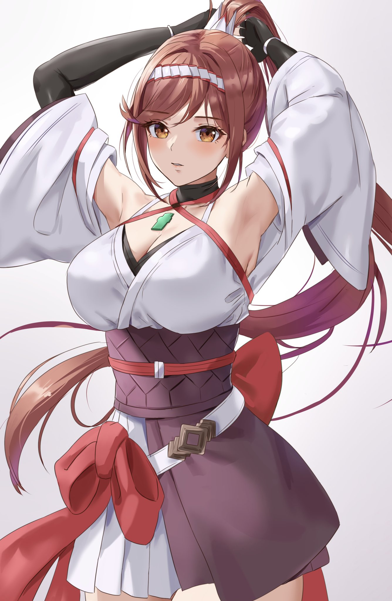 1girl alluring amayo_thranana arms_up bare_shoulders big_breasts brown_eyes chest_jewel cleavage core_crystal detached_sleeves fingerless_gloves gem glimmer_(xenoblade) gloves hair_ornament high_ponytail high_res japanese_clothes kimono light-skinned_female light_skin obi ponytail red_hair sash sidelocks simple_background smile swept_bangs tiara white_kimono wide_sleeves xenoblade_(series) xenoblade_chronicles_3 xenoblade_chronicles_3:_future_redeemed