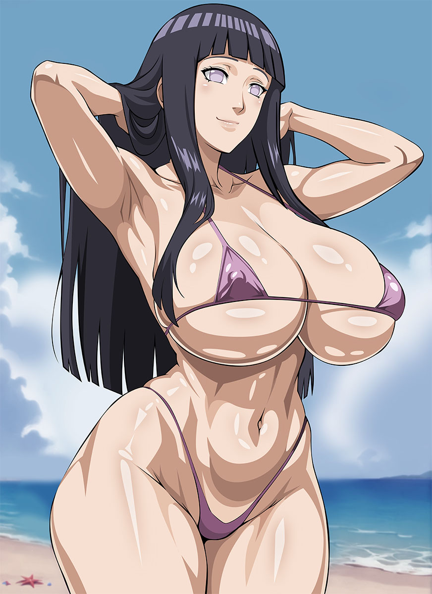 1girl alluring bare_legs beach big_breasts bikini black_hair blue_sky boruto:_naruto_next_generations cleavage grey_eyes hinata_hyuuga micro_bikini naruto naruto_(classic) naruto_(series) naruto_shippuden ocean under_boob yxyyxy