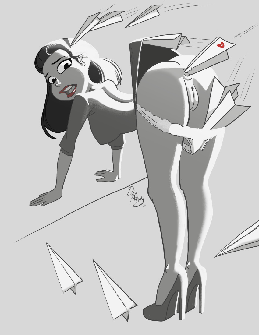 1girl anal_insertion anus big_breasts breasts disney eyeliner lipstick long_hair makeup meg_(paperman) monochrome panties panties_down paperman_(film) pussy tagme thedirtymonkey voluptuous