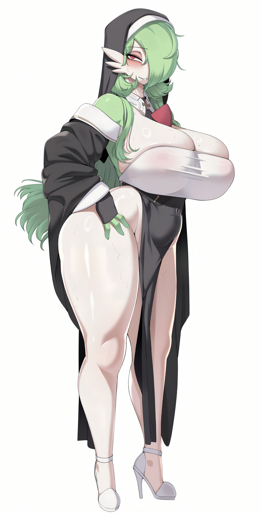 1girl big_ass big_breasts cervina7_(artist) gardevoir green_arms green_hair long_hair nun nun_outfit platform_shoes posing seductive sexy_legs smile white_skin