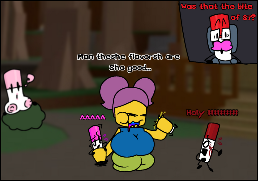 2boys 3_girls ? battle_for_dream_island big_breasts blue_shirt breasts bush eating find_the_markers green_pants magenta_marker_(find_the_markers) marker markerplier_(find_the_markers) markiplier maroon_marker_(find_the_markers) maroon_text meme moustache noob object_shows pink_hair pink_hair_female pink_marker_(find_the_markers) pink_text question_mark reaction_image red_text roblox roblox_game scared text yellow_body yellow_skin