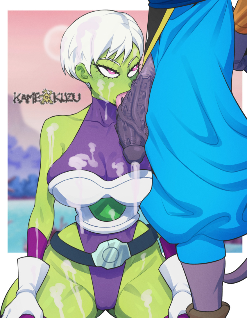 beerus big_breasts big_penis cheating cheating_(relationship) cheelai cum cum_on_body cum_on_breasts cum_on_face cumshot dragon_ball dragon_ball_super dragon_ball_super_broly green_skin huge_breasts huge_cock huge_penis interspecies kamekuzu kameseru licking_penis looking_at_partner netorare on_knees purple_skin short_hair veiny_penis