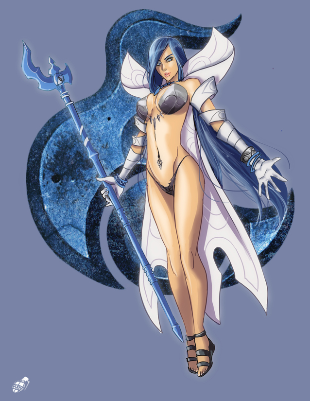 big_breasts black_panties blue_eyes blue_hair bracelet floating lingerie long_hair looking_at_viewer makeup panties semi_nude slaanesh_(cult) sorceress staff tinkerbomb tzeentch_(cult) tzeentch_(mark) warhammer_(franchise) warhammer_40k warhammer_fantasy warhammer_online:_age_of_reckoning