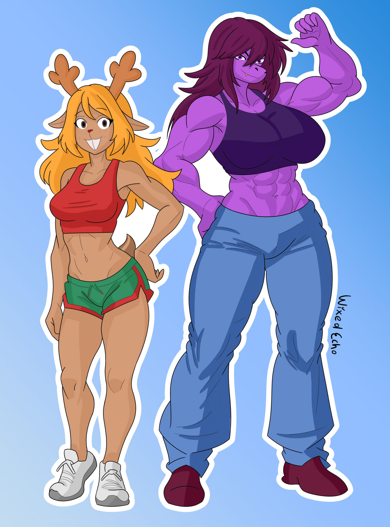 1girl 2020s 2023 2_girls 2d 2d_(artwork) 5_fingers abs anthro anthro_only antlers artist_name big_breasts blonde_hair blue_background bottomwear breast_size_difference breasts brown_body brown_eyes brown_fur buckteeth capreoline cervid cervine clothed clothed_anthro clothed_female clothing deer deer_ears deer_girl deer_tail deltarune deviantart digital_media_(artwork) duo female_abs female_anthro female_only flexing full_body fur furry furry_female gradient_background hair hand_on_hip hand_on_own_hip larger_female lizard lizard_girl long_hair looking_at_viewer mammal medium_breasts midriff monster monster_girl muscle muscular muscular_anthro muscular_female navel noelle_holiday pinup purple_eyes pussy reindeer reptile reptile_girl scalie simple_background smaller_female standing susie_(deltarune) teeth topwear undertale undertale_(series) video_game_character video_games white_outline wixedecho