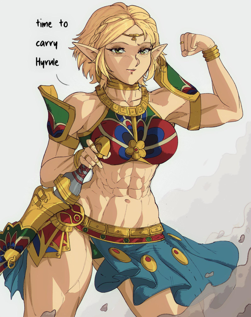 1girl abs alluring athletic_female bare_shoulders biceps blonde_hair cowboy_shot female_abs fit_female flexing green_panties high_res jewelry medium_breastsnintendo nintendo obliques panties pointy_ears princess_zelda serratus_anterior sword tears_of_the_kingdom the_legend_of_zelda the_legend_of_zelda:_tears_of_the_kingdom thick_thighs underwear weapon yellow_eyes yoracrab zelda_(tears_of_the_kingdom)