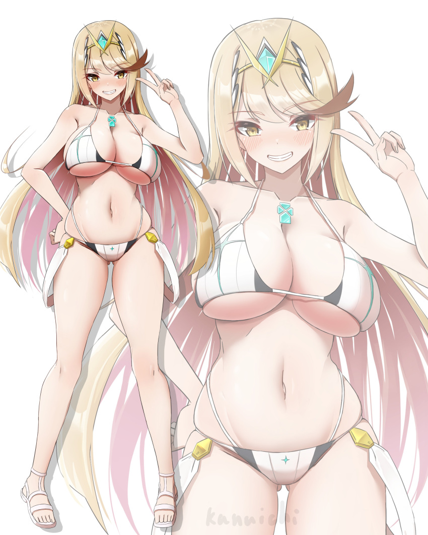 1girl absurd_res alluring alternate_costume big_breasts bikini blonde_hair chest_jewel cleavage collarbone cowboy_shot full_body hand_on_own_hip high_res highleg highleg_bikini kanuici336 long_hair mythra mythra_(xenoblade) navel nintendo swimsuit tiara v white_background white_bikini xenoblade_(series) xenoblade_chronicles_2 yellow_eyes zoom_layer