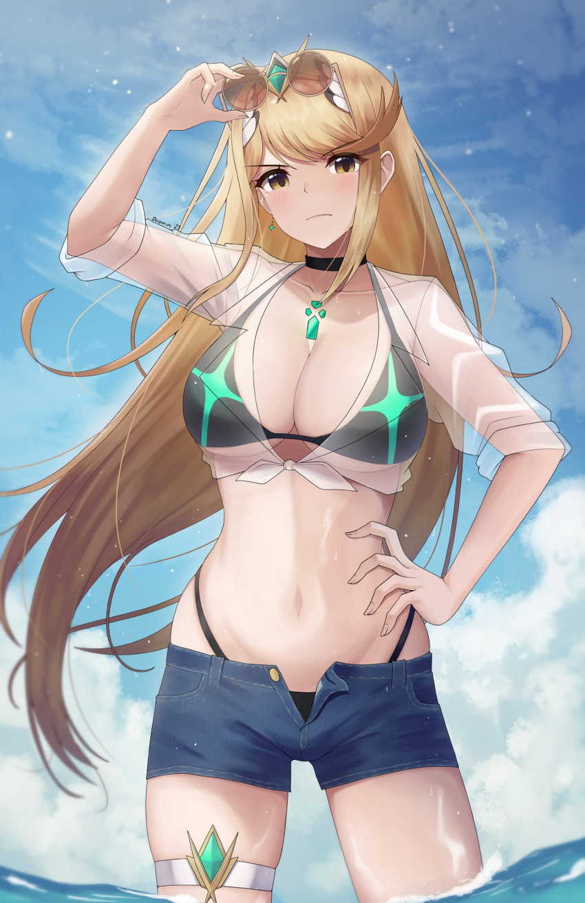 1girl alluring alternate_costume big_breasts blonde_hair doiparuni high_res long_hair mythra_(xenoblade) nintendo very_long_hair water xenoblade_(series) xenoblade_chronicles_2