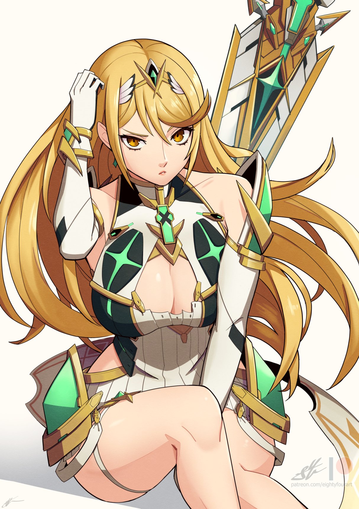 1girl alluring big_breasts blonde_hair cleavage cleavage_cutout clothing_cutout diamond_earrings dress earrings eightyfourart elbow_gloves gloves high_res jewelry long_hair looking_at_viewer mythra nintendo off_shoulder swept_bangs sword thigh_strap thighs tiara weapon white_dress white_gloves xenoblade_(series) xenoblade_chronicles_2 yellow_eyes