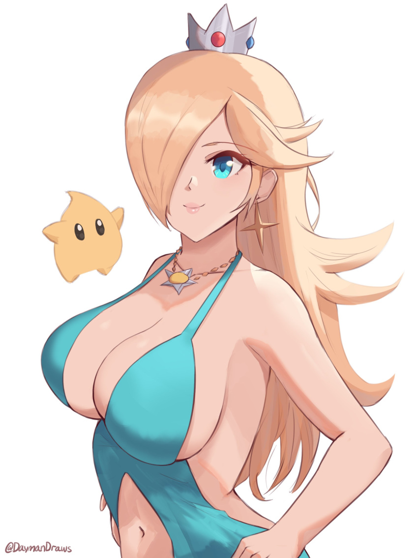 1girl alluring blonde_hair blue_eyes cleavage crown daymandraws female_only luma mario_(series) nintendo princess princess_rosalina rosalina royalty super_mario_bros.