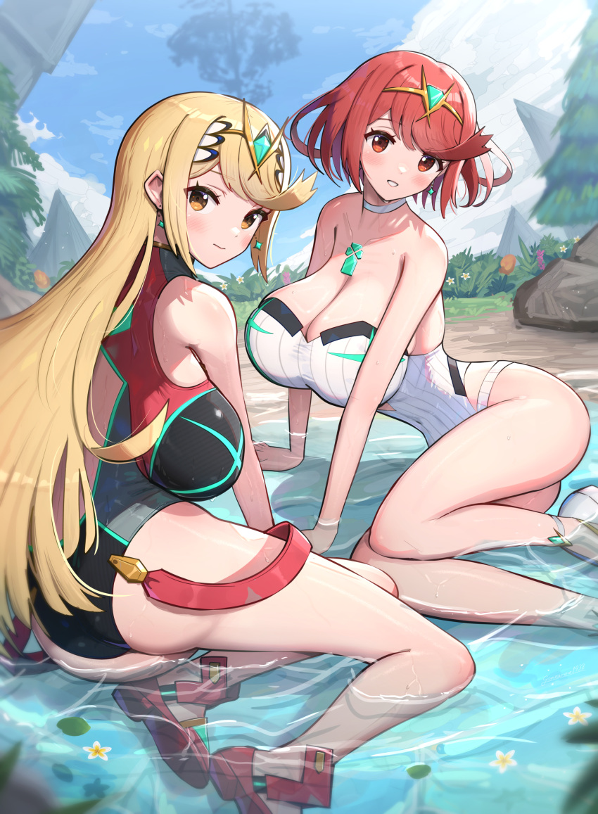 2_girls absurd_res alluring big_breasts bikini_swap blonde_hair cleavage gonzarez high_res multiple_girls mythra mythra_(radiant_beach)_(xenoblade) mythra_(xenoblade) one-piece_bikini pyra pyra_(pro_swimmer)_(xenoblade) pyra_(xenoblade) red_eyes red_hair xenoblade_(series) xenoblade_chronicles_2 yellow_eyes