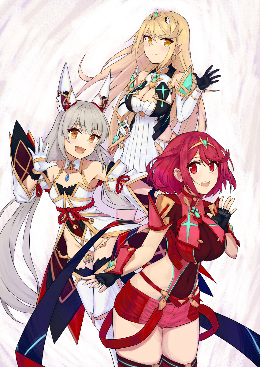 3_girls absurd_res alluring big_breasts blonde_hair high_res multiple_girls mythra nia nia_(blade) nia_(blade)_(xenoblade) nintendo pyra red_eyes red_hair shizuki_muika silver_hair small_breasts xenoblade_(series) xenoblade_chronicles_2 yellow_eyes