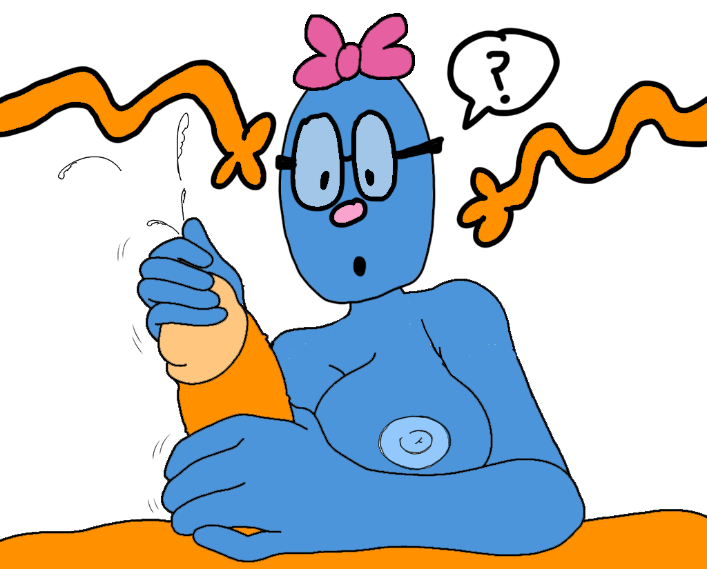 1boy 1girl 2024 blue_skin bow breasts cartoon_network cum cumshot glasses little_miss_whoops mr._tickle mr_men nude orange_skin penis pink_nose rubbing the_mr._men_show white_background