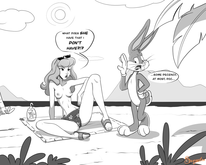 1boy 1girl anthro beach bikini_bottom breasts bugs_bunny crossover daphne_blake feet female furry hanna-barbera human looney_tunes male monochrome navel nipples rabbit sandals scooby-doo sequestro small_breasts tagme topless warner_brothers