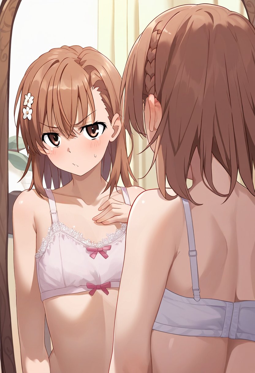 1girl 2020s 2024 ai_generated bare_back bare_shoulders blush bra breast_conscious breasts brown_eyes brown_hair collarbone female hair_flower hair_ornament indoors looking_at_viewer matching_hair/eyes mirror misaka_mikoto reflection short_hair shoulder_blades small_breasts solo stomach teen teen_girl teenage teenage_girl teenager to_aru_kagaku_no_railgun to_aru_majutsu_no_index underwear underwear_only upper_body young