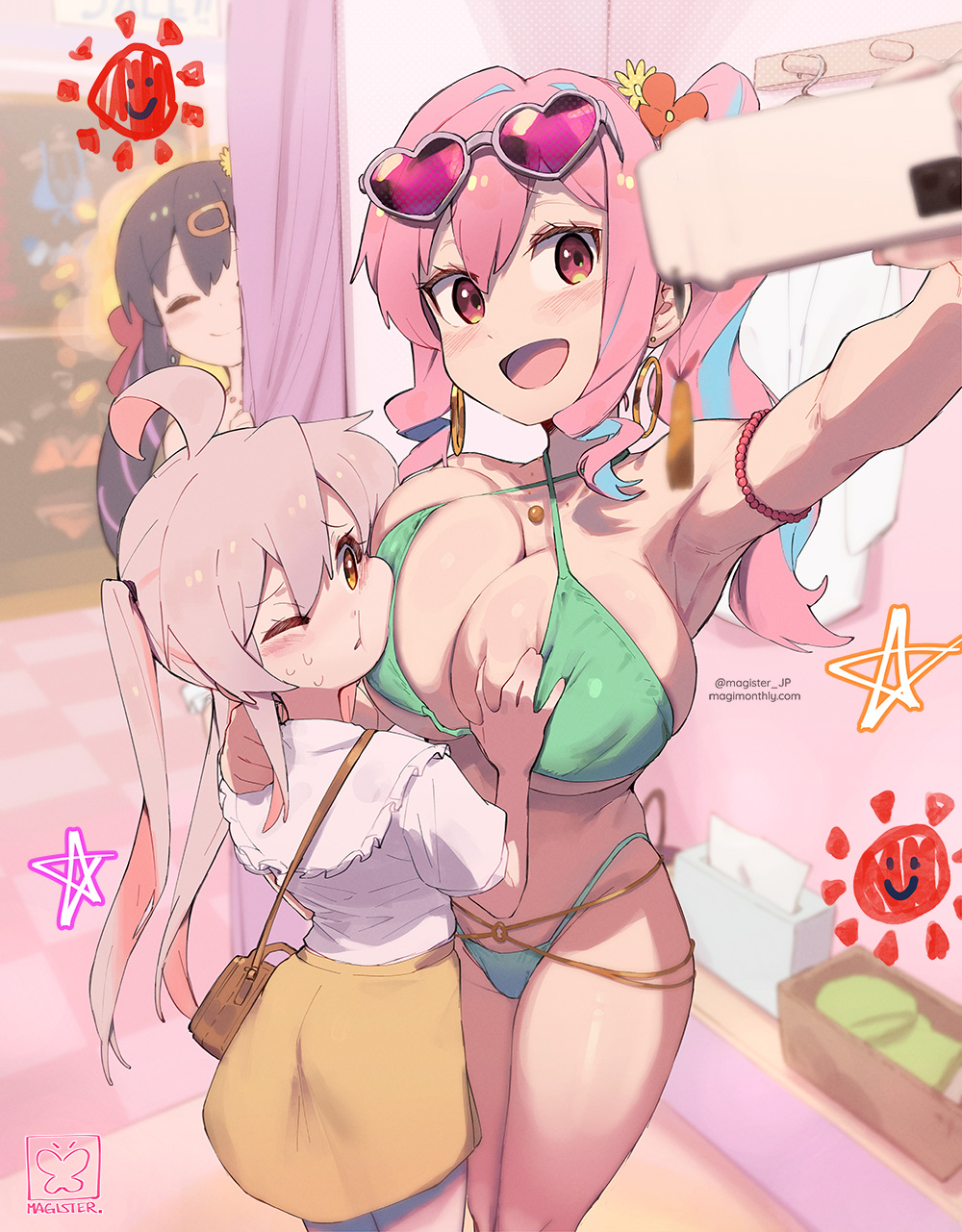 3_girls armpits big_breasts bikini breast_grab breasts cleavage curvy groping groping_breasts gyaru hair_ornament height_difference hozuki_kaede huge_breasts magister_(bigbakunyuu) onii-chan_wa_oshimai! oyama_mahiro oyama_mihari pale-skinned_female pale_skin phone pink_hair ponytail self_upload selfpic smartphone taking_picture young