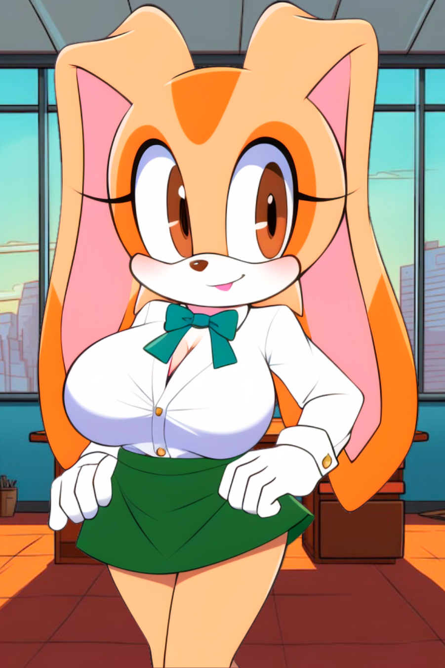 aged_up ai_generated anthro big_breasts bowtie breasts brown_eyes collared_shirt cream_fur cream_the_rabbit eyelashes female female_focus fully_clothed furry furry_female gloves green_bow_tie green_skirt hands_on_hips lipstick looking_at_viewer miniskirt sega skirt smile smiling solo sonic_(series) sonic_the_hedgehog_(series) unbuttoned upper_body white_collared_shirt white_gloves window