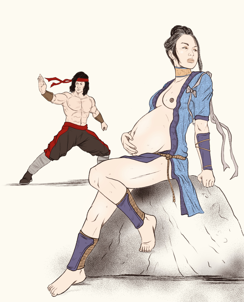 black_hair breasts canon_couple fighting_stance fuccbou kitana liu_kang mortal_kombat mortal_kombat_11 pregnant pregnant_belly rock simple_background tagme white_background