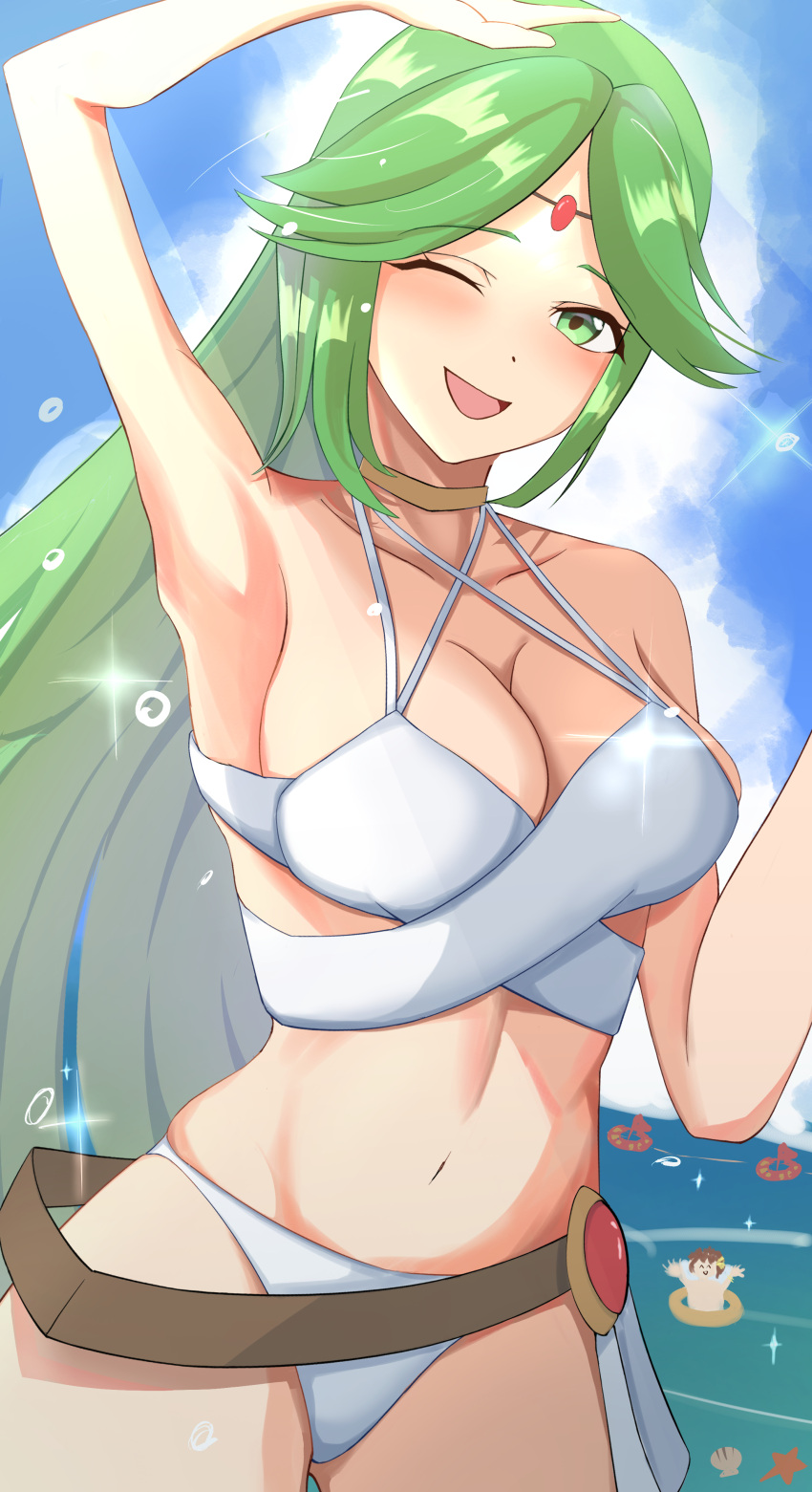 1boy 1girl absurd_res alluring arm_up bikini blue_sky blush collarbone green_eyes green_hair haruka_f4l high_res kid_icarus kid_icarus_uprising long_hair navel nintendo one_eye_closed open_mouth outside palutena pit_(kid_icarus) sky smile solo_focus sparkle starfish swimsuit very_long_hair