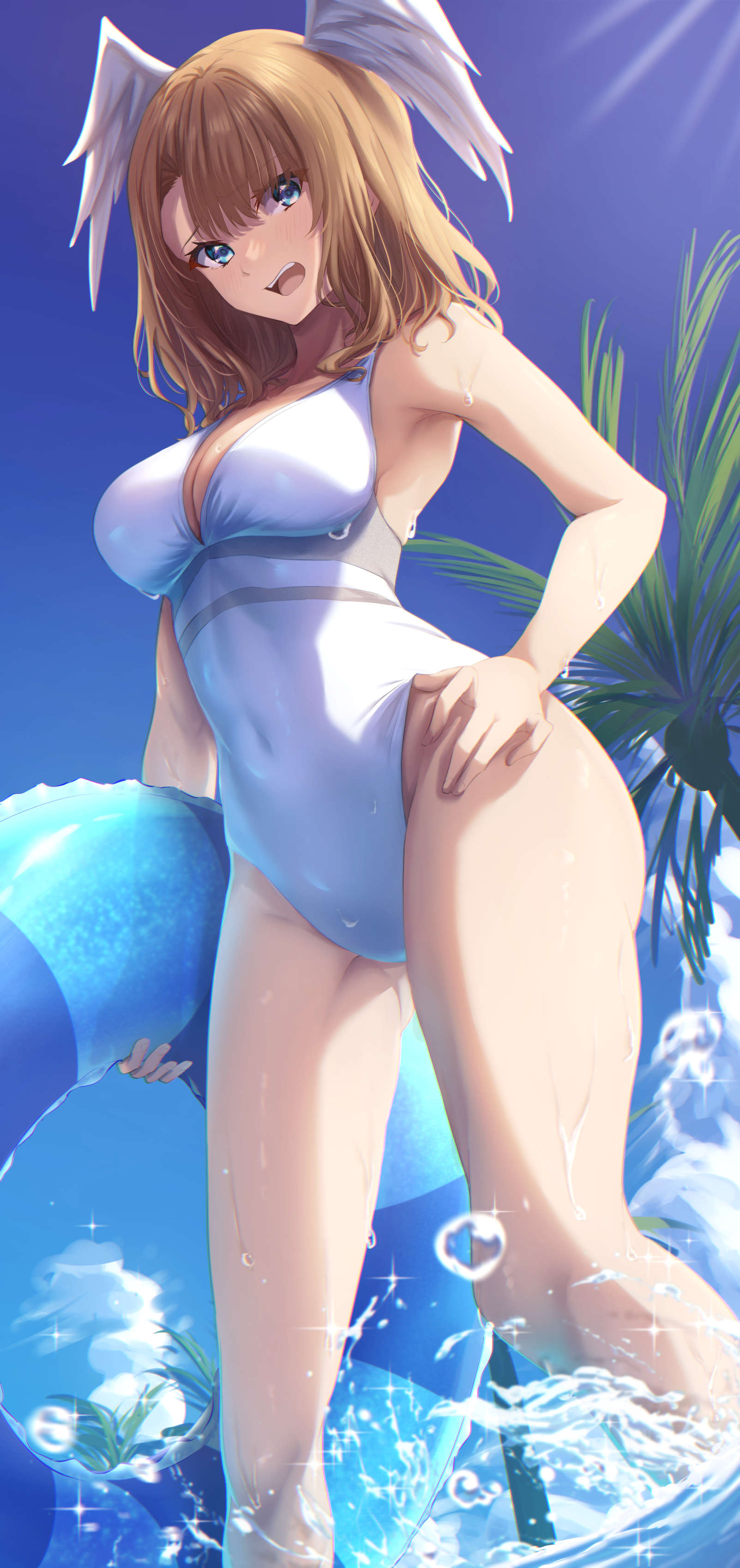 1girl 1girl 1girl alluring bare_legs big_breasts eunie_(xenoblade) female_only nintendo one-piece_bikini open_mouth ouna0408 swimsuit wings wings_on_head xenoblade_(series) xenoblade_chronicles_3