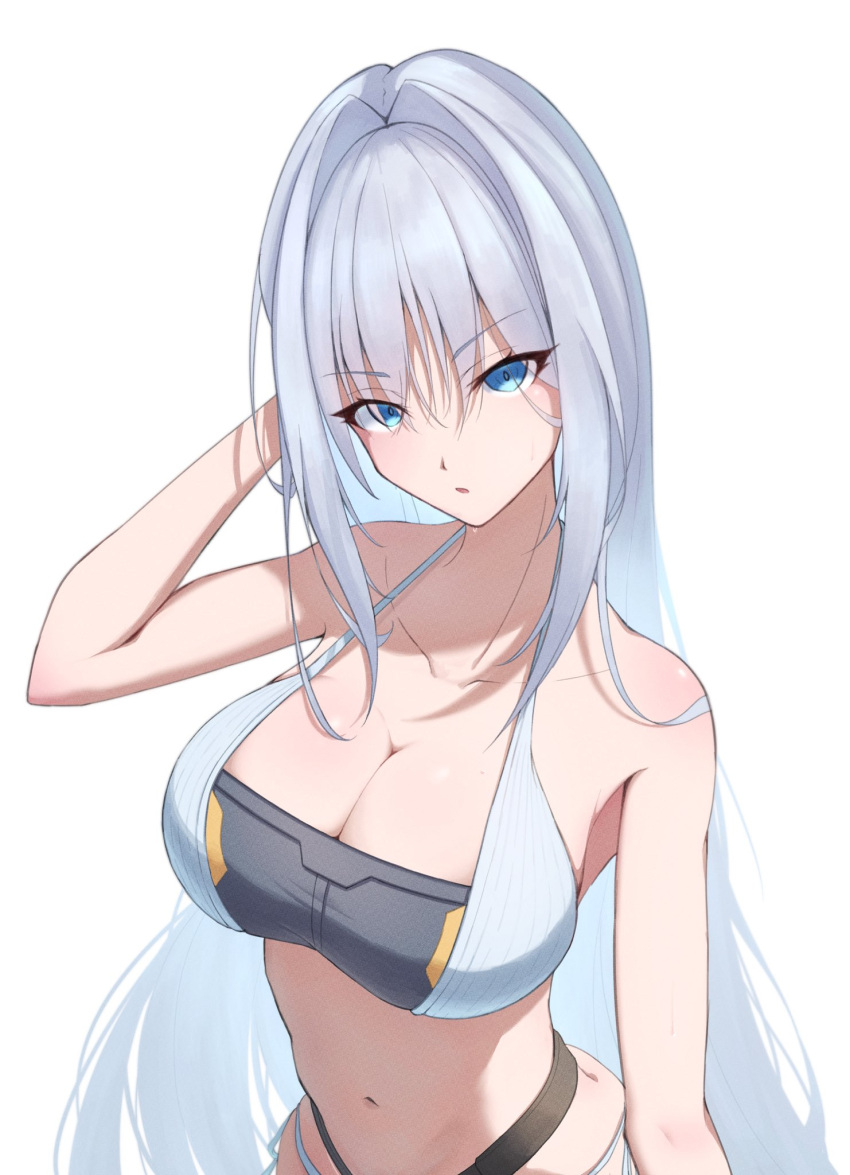 1girl 1girl alluring arm_up bare_midriff bare_shoulders big_breasts big_breasts bikini blue_eyes cleavage curvy ethel_(xenoblade) female_only grey_bikini grey_swimwear hand_in_hair high_res hourglass_figure long_hair looking_at_viewer midriff navel nintendo okazu2010015 silver_hair simple_background swimsuit upper_body very_long_hair viewed_from_above xenoblade_(series) xenoblade_chronicles_3