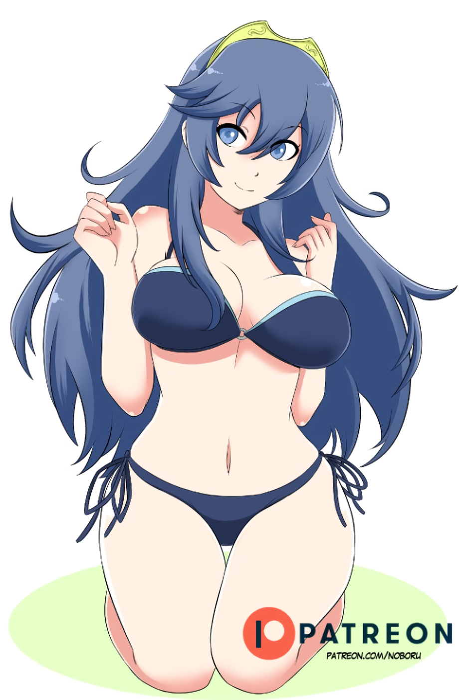 1girl big_breasts bikini blue_bikini blue_swimsuit cleavage female_only fire_emblem fire_emblem_awakening kneel lucina lucina_(fire_emblem) nintendo noboru_(pixiv_21804557) noboru_revista swimsuit thick_thighs wide_hips