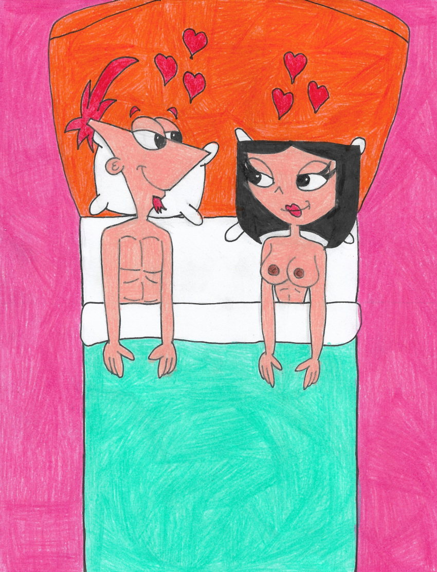 1boy 1girl bed bedroom breasts hearts isabella_garcia-shapiro lying_on_bed matiriani28 nipples phineas_and_ferb phineas_flynn pillows tagme