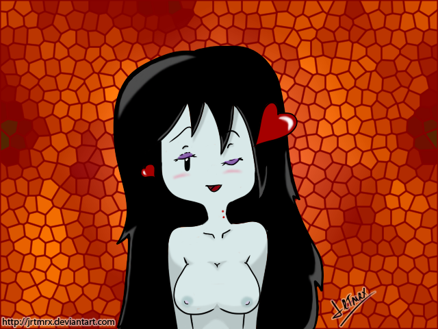 1girl adventure_time bite_marks black_eyes black_hair blushing cartoon_network deviantart gray_body gray_skin hearts_around_head jrtmrx long_hair looking_at_viewer looking_pleasured marceline mascara multicolored_background nipples no_clothes nude one_eye_closed open_mouth shaded solo solo_female solo_focus tagme vampire