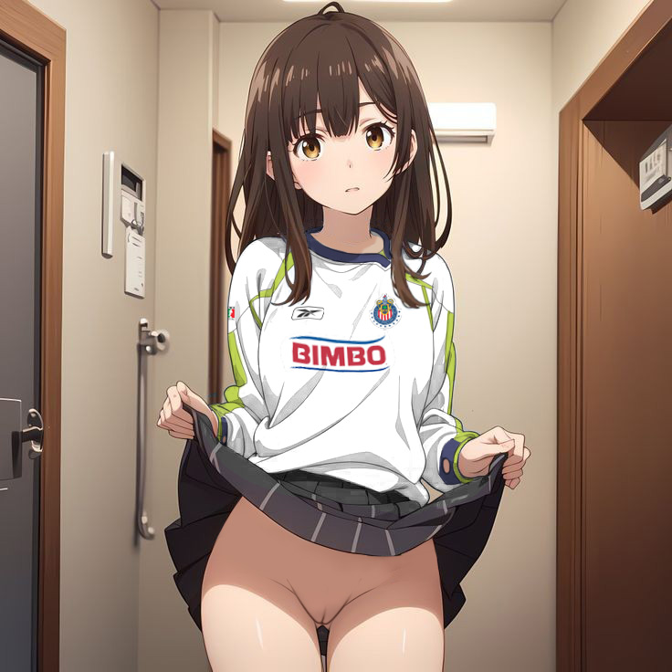 brown_eyes brown_hair chivas hige_wo_soru._soshite_joshikousei_wo_hirou. lifted_by_self lifting_skirt long_hair long_sleeves looking_at_viewer nekom14 no_panties ogiwara_sayu pussy soccer_jersey