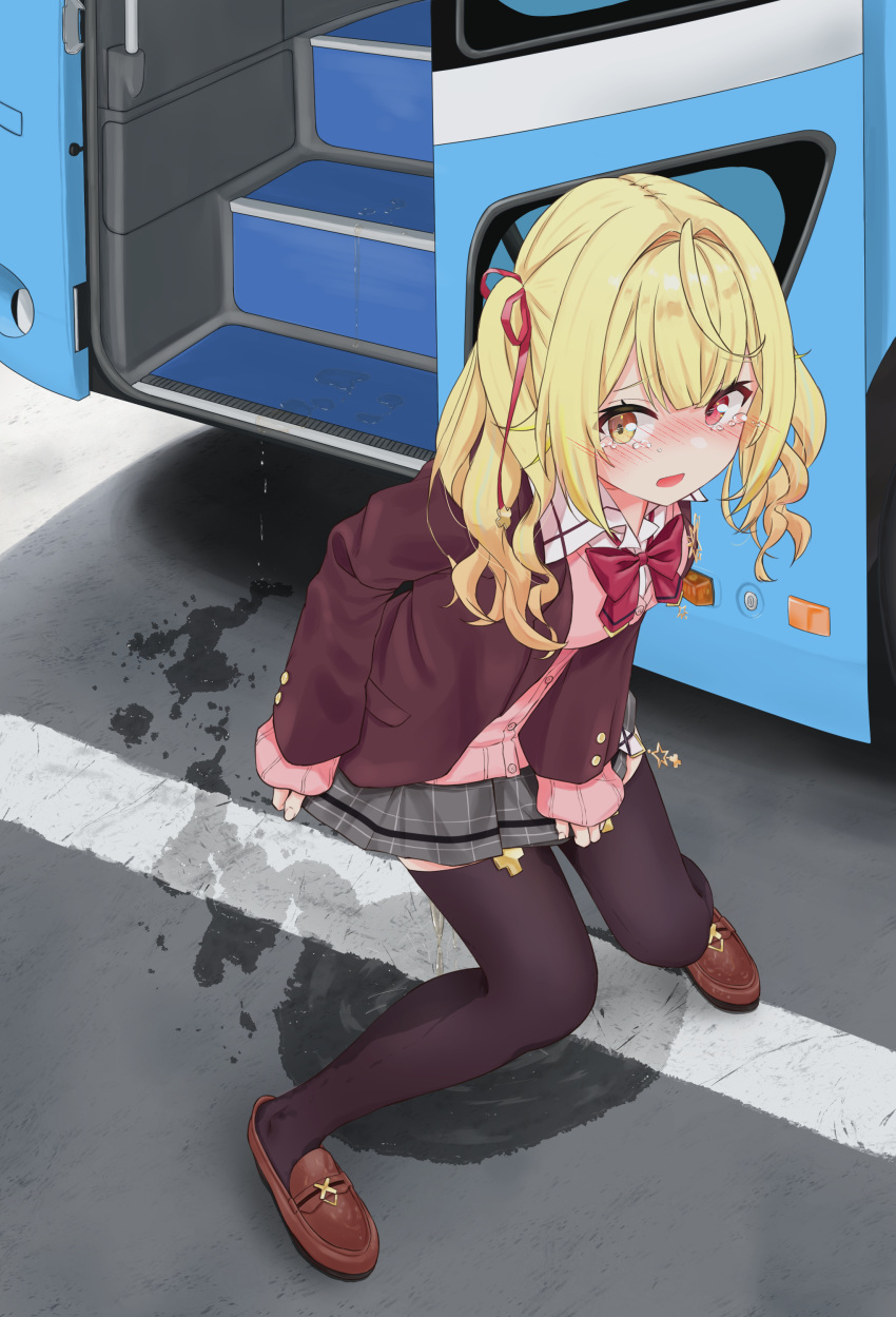 1girl 2023 absurd_res black_socks black_thighhighs blonde_hair blush bow bowtie breasts brown_footwear brown_jacket brown_loafers bus commentary_request commission cowlick full_body grey_skirt hair_ribbon heterochromia high_res hoshikawa_sara hoshikawa_sara_(4th_costume) jacket knees_together_feet_apart layered_sleeves loafers long_sleeves looking_at_viewer medium_hair miniskirt motor_vehicle nijisanji nose_blush open_mouth outside pee peeing peeing_self pink_shirt plaid plaid_skirt pleated_skirt red_bow red_bowtie red_eyes red_ribbon ribbon school_uniform shirt shoes skeb_commission skirt sleeves_past_wrists small_breasts socks standing stockings tearing_up tears thigh_socks twin_tails urabe_miyabi virtual_youtuber yellow_eyes