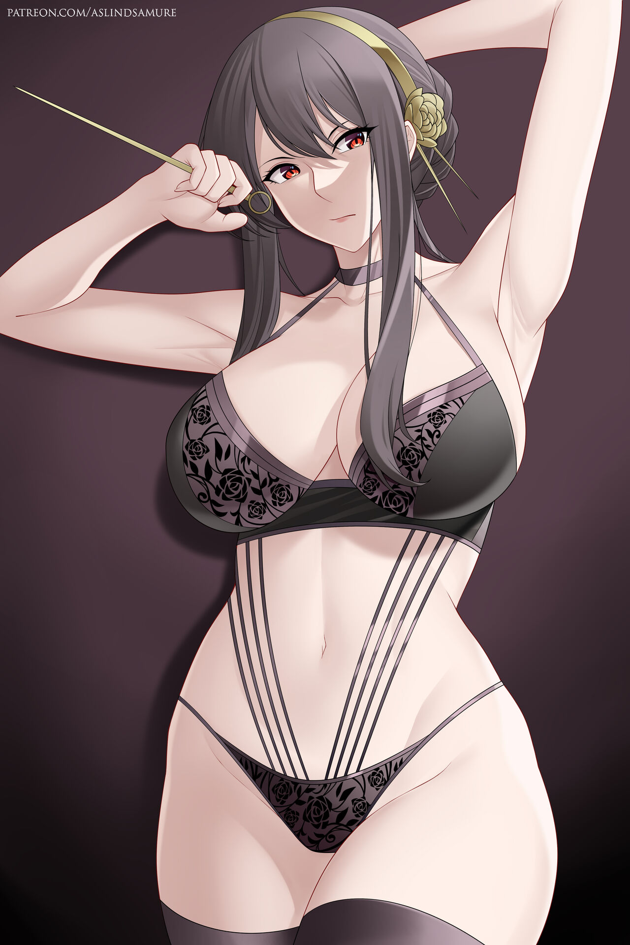 1girl alluring alternate_version_available arms_behind_head arms_up aslind_samure aslindsamure assassin big_breasts black_hair black_legwear black_lingerie choker cleavage female_only floral_print flower_in_hair hair_ornament hairband nude_female red_eyes spy_x_family stiletto_(weapon) stockings tagme thick_thighs thorn_princess white_skin yor_briar yor_forger