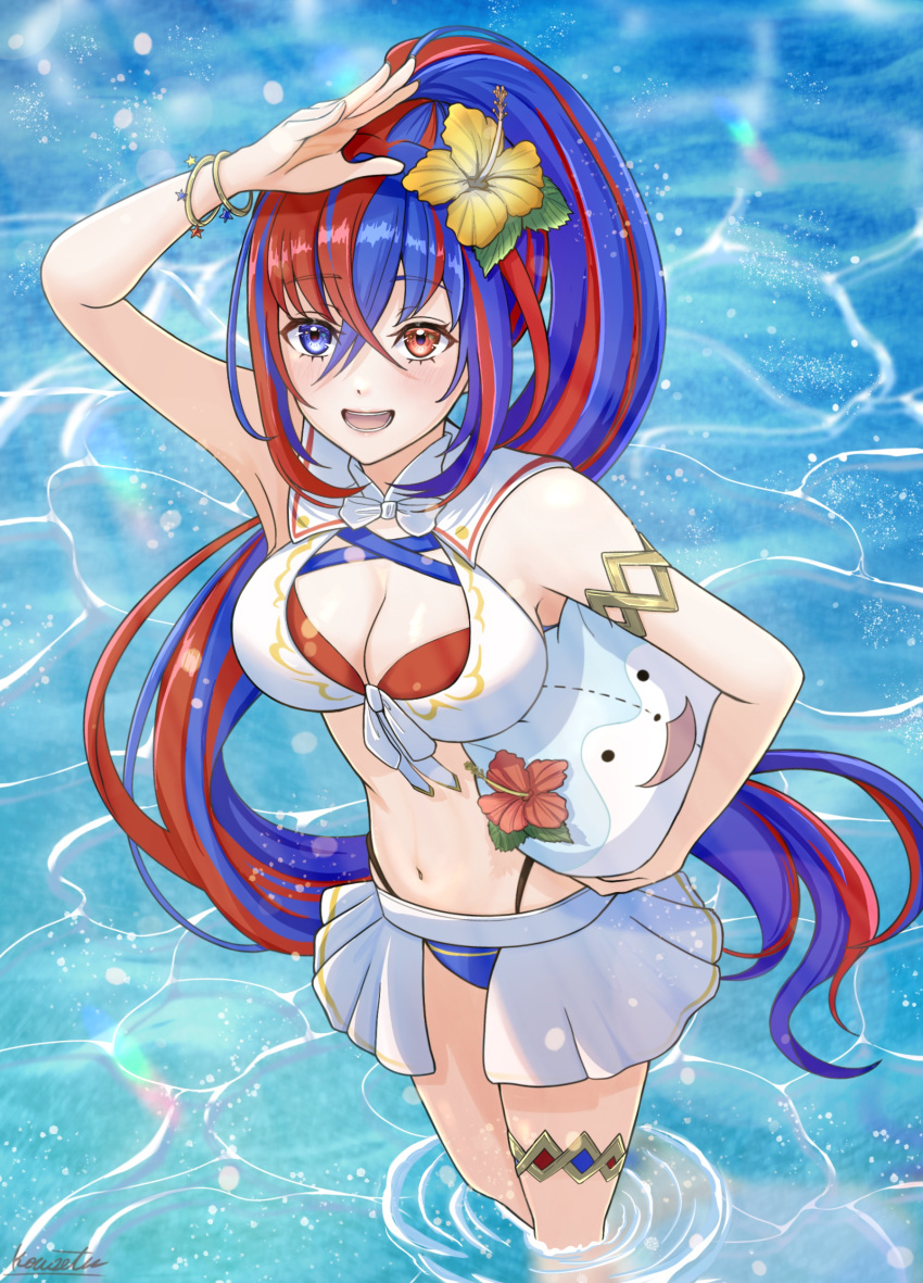 1girl 1girl 1girl alear_(female)_(fire_emblem) alear_(female)_(seaside_dragon)_(fire_emblem) alear_(fire_emblem) alluring alternate_costume alternate_hairstyle big_breasts bikini blue_bikini blue_eyes blue_hair blue_swimsuit character_ball cleavage criss-cross_halter crossed_bangs female_only fire_emblem fire_emblem_engage fire_emblem_heroes flower front-tie_bikini_top front-tie_top gold_armlet gold_thighlet hair_flower hair_ornament halterneck heterochromia high_res kousetu0506 long_hair multicolored_bikini multicolored_clothes multicolored_hair nintendo ocean official_alternate_costume official_alternate_hairstyle open_mouth outside ponytail red_bikini red_eyes red_hair red_swimsuit rn showgirl_skirt smile sommie_(fire_emblem) split-color_hair swimsuit two-tone_hair very_long_hair white_bikini white_swimsuit yellow_flower