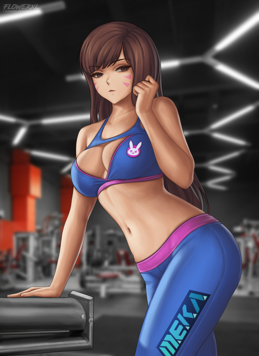 1girl 1girl 1girls 2d adapted_costume animal_print arm_support artist_logo bangs blizzard_entertainment blue_pants blue_sports_bra blurry blurry_background breasts brown_eyes brown_hair bunny_print cleavage cleavage_cutout clenched_hand clothing_cutout collarbone commentary cowboy_shot d.va detailed_background english_commentary exercise_machine facepaint facial_mark flowerxl gym hana_song indoors long_hair looking_at_viewer medium_breasts midriff navel no_headwear overwatch overwatch_2 pants parted_lips skin_tight sports_bra swept_bangs tight tight_pants whisker_markings widescreen