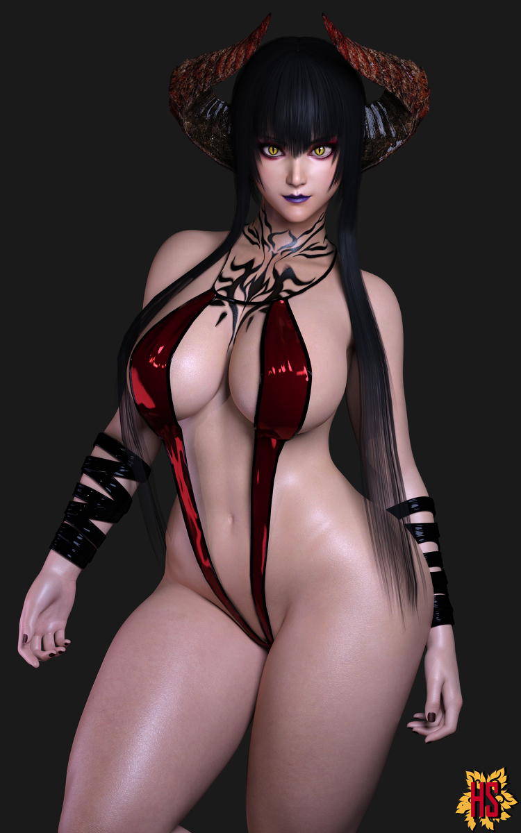 1girl 3d alluring big_breasts bikini eliza_(tekken) female_only hagiwara_studio horns namco sling_bikini swimsuit tagme tattoo tekken tekken_7 vampire