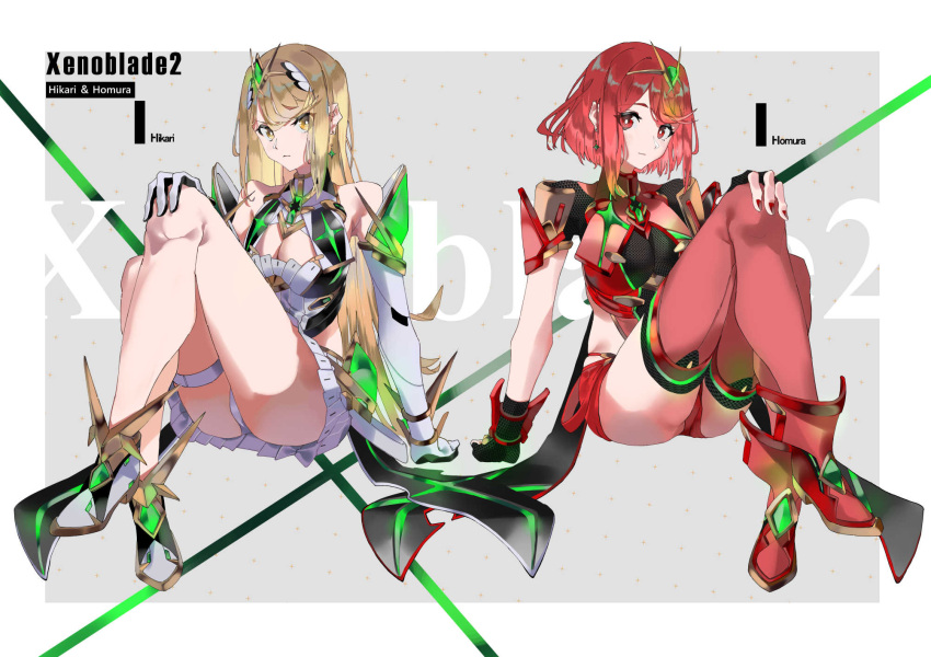 2_girls alluring big_breasts blonde_hair ekitabu_hosii high_res long_hair multiple_girls mythra panties pantyshot pyra red_eyes red_hair short_hair thighs underwear xenoblade_(series) xenoblade_chronicles_2 yellow_eyes